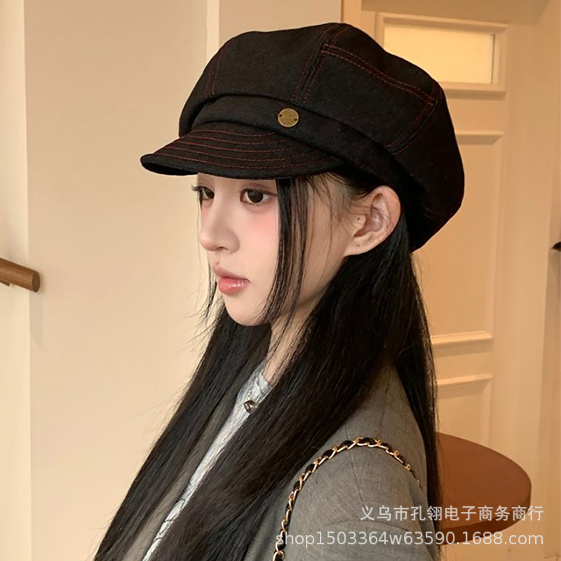 英伦复古牛仔贝雷帽女春秋新款日系复古显脸小画家帽大头围八角帽|undefined