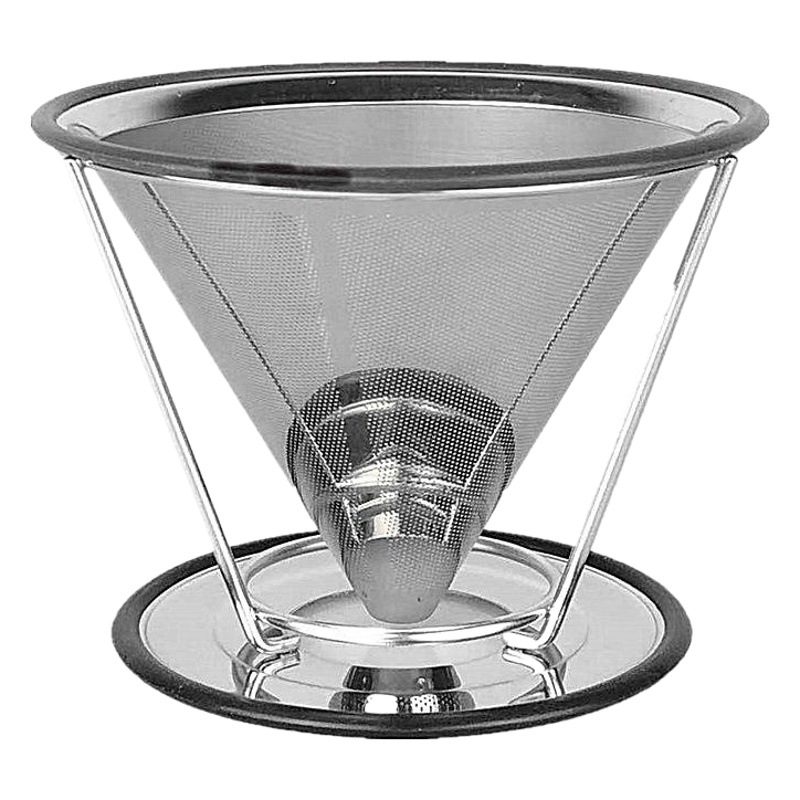 Filtro de café de acero inoxidable 304 filtro de café de doble capa sin filtro de papel embudo de goteo de mano con soporte