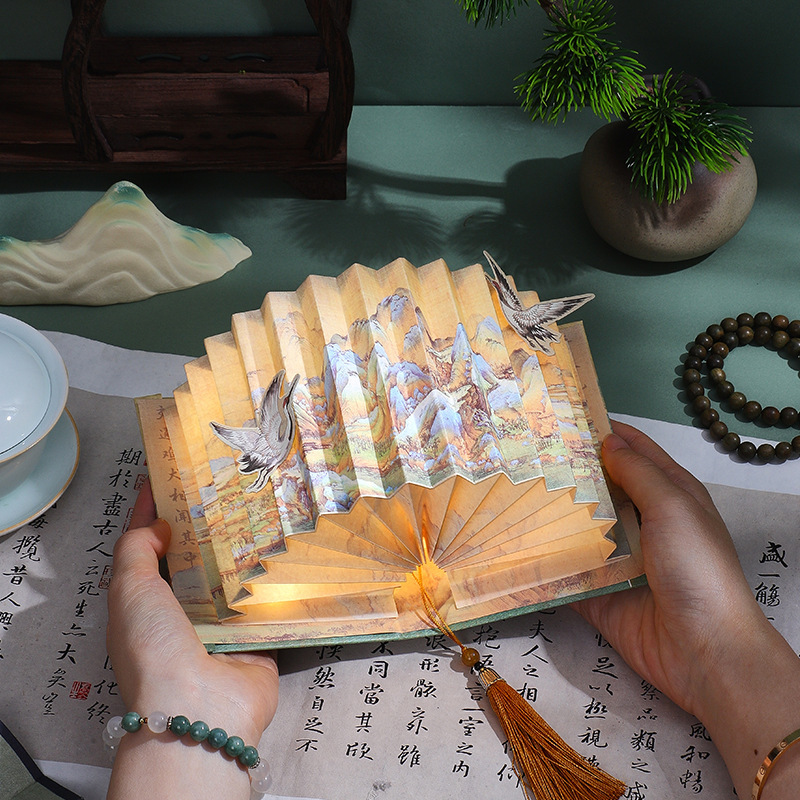 古画紀シリーズ扇形書灯創意国潮古風手作りDIY紙灯千里江山書画書灯|undefined