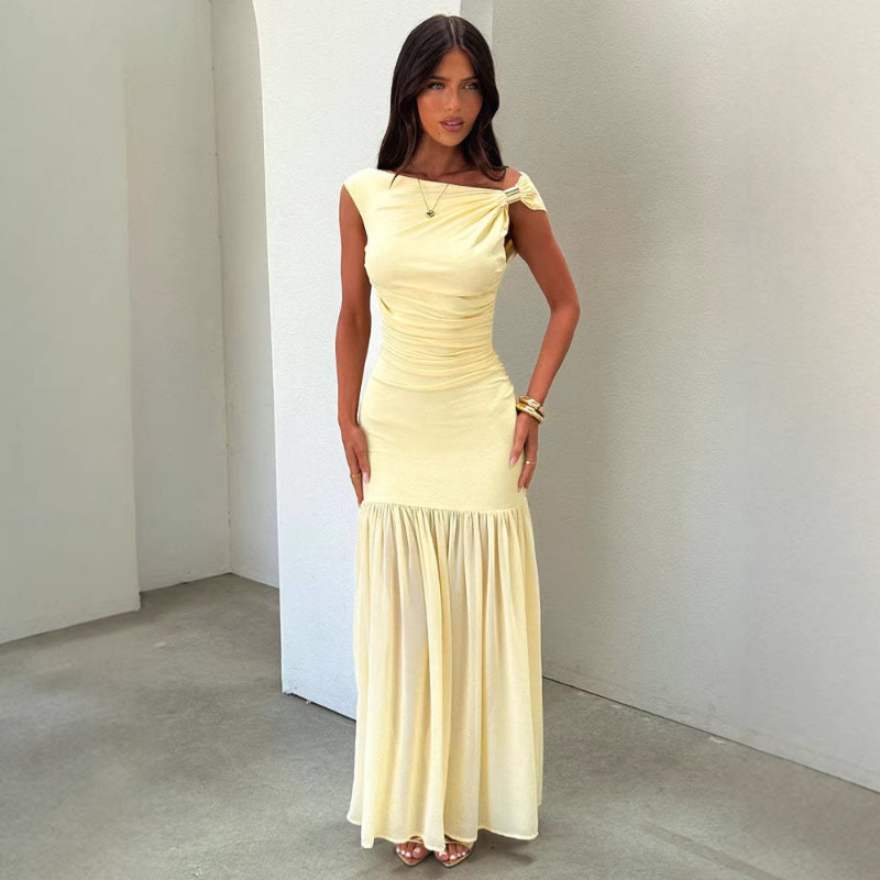 Women's Fashion One-Shoulder Long Dress European American Style Metal Knot Waist Cinching Mesh Patchwork Formal Dress_ecoleips.com