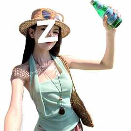 海岛度假风套装女夏季辣妹绿色挂脖背心吊带复古扎染半身裙长裙