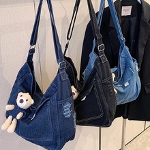 复古文艺牛仔包大容量女包休闲百搭通勤初中生上课单肩斜挎包bags