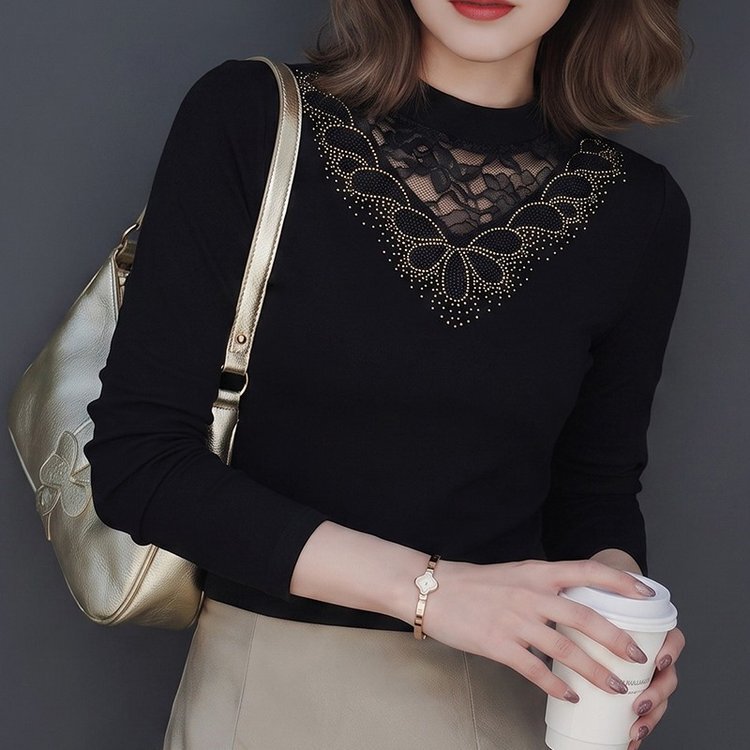 Dropshipping 2026 Autumn New Fashion Slimming Half-Turtleneck Lace Patchwork Rhinestone Versatile Age-Reducing Base Shirt