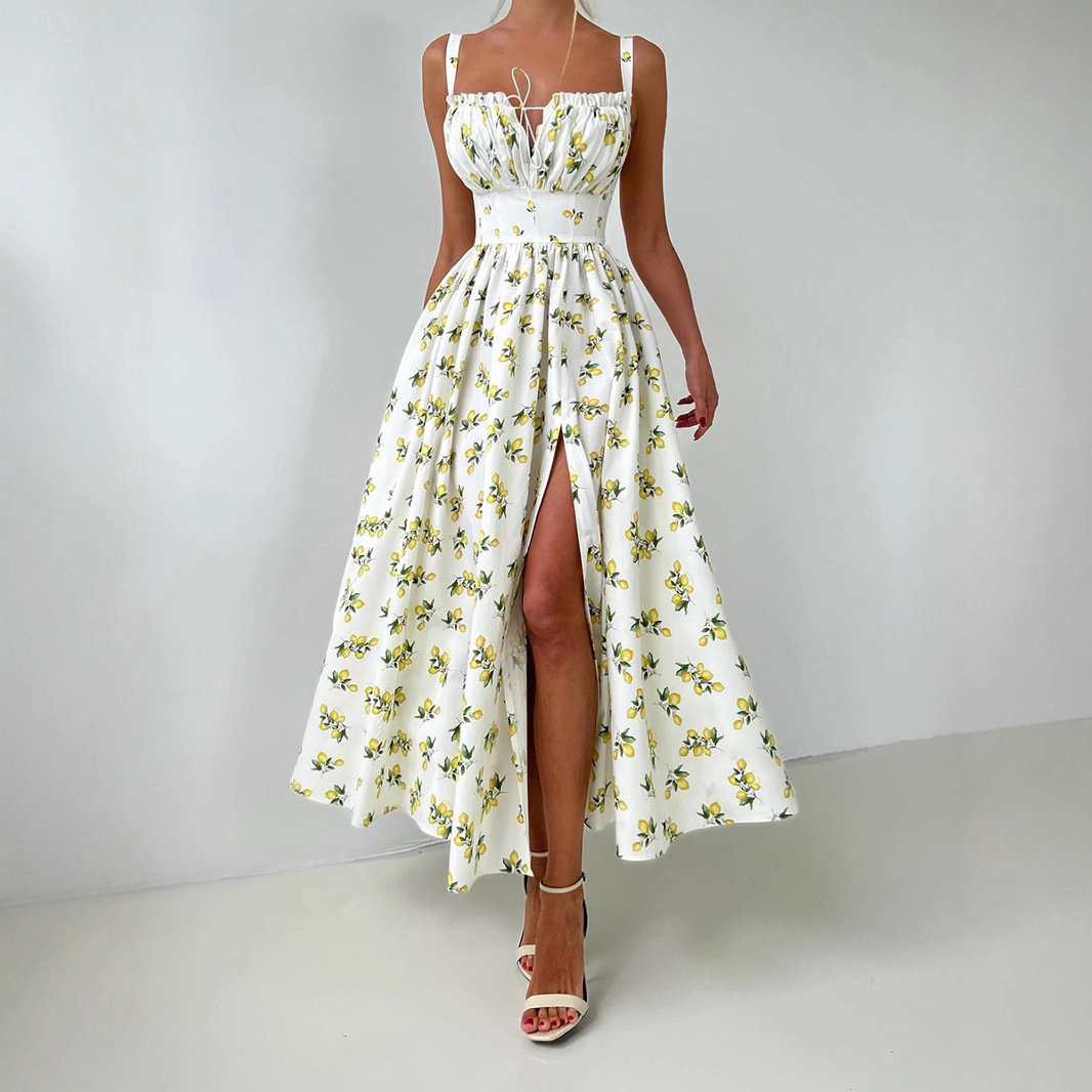 Cross-Border Floral Strap European And American 2025 Summer New Low Neck Tie Slit High Waist Printed Dress_ecoleips.com