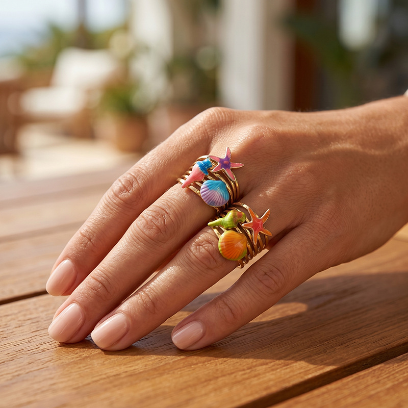 Acero inoxidable transfronterizo TENA joyería europea y americana color marino viento vacaciones viento estrella de mar conchas anillo abierto