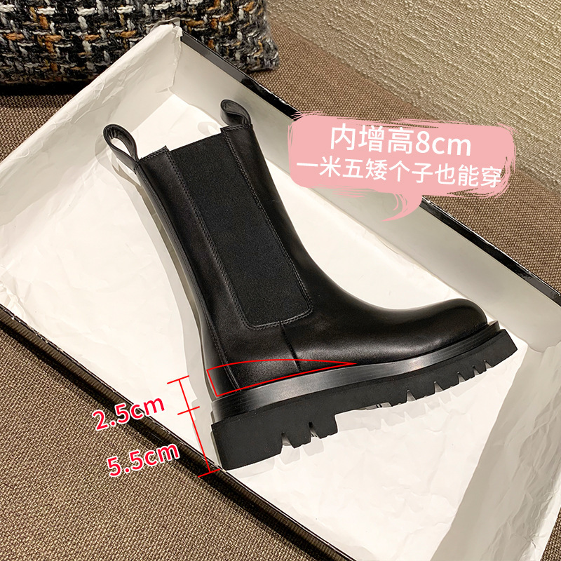 全牛革 ~ 本革の中で高くなるマーティンブーツの女性の英倫風の中筒の厚い底のタバコの筒のチェルシーの靴の秋のショートブーツ|undefined