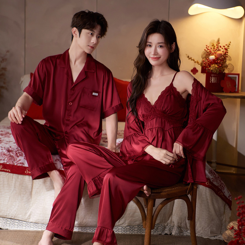 Pajamas for Couples, Newlyweds, Red Men's and Women's Ice Silk Camisole Nightgown, Morning Robe, Short-Sleeved Zodiac Year Silk Set Pajamas for Couples, Newlyweds, Red Men's and Women's Ice Silk Camisole Nightgown, Morning Robe, Short-Sleeved Zodiac Year Silk Set