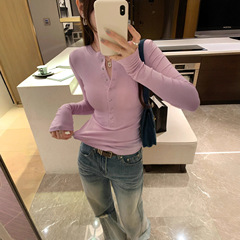 设计感半开领正肩长袖t恤女装潮韩版2025秋季新款修身内搭打底衫