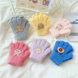 韩版卡通儿童手套秋冬季可爱宝宝保暖五指毛绒纯色小童婴幼儿1-3