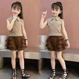 女童套装夏季新款条纹洋气Polo领上衣百搭休闲裤中大童潮款两件套