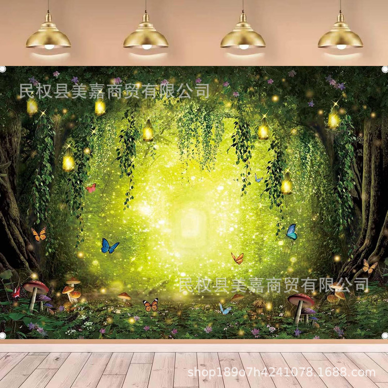 Cross-border Hot Sale Magic Forest Birthday Background Cloth Outdoor Party Forest Arrangement Scene Photo Banner Supplies