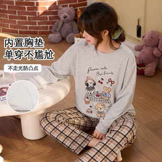 带胸垫长袖睡衣女秋冬季圆领薄款卡通休闲少女家居服可外穿两件套