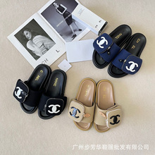 情侣小香高品质25新款口袋拉链一字拖女鞋大码春夏胖墩踩屎感拖鞋