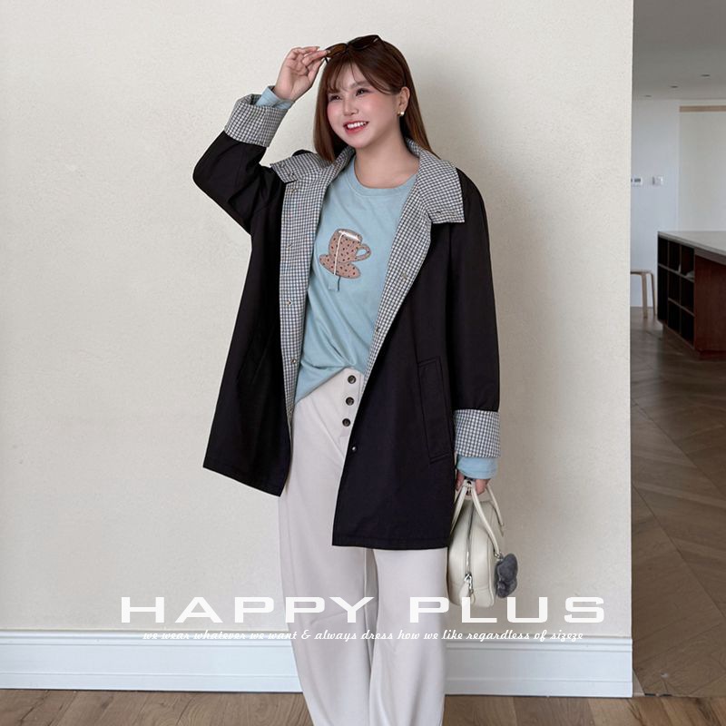 HAPPYHUT Women's New Autumn Casual Color-Block Coat 9588 Vintage Slow-Paced Turn-Down Collar Mid-Length Trench Coat