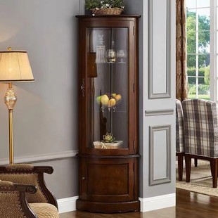 American Style Full Solid Wood Corner Cabinet Triangle European Style Living Room Corner Side Cabinet Corner Cabinet Corner Curved Wine Cabinet Glass Door