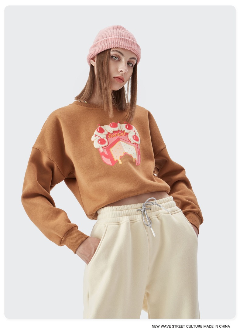 Velvet Puff Print Cream Cake Girl Cartoon round Neck Sweater - Hoodies & Sweatshirts - Uniqistic.com