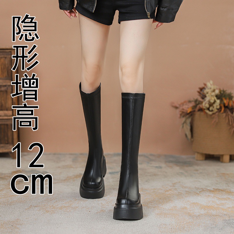 작은 키에도 잘 어울리는 2025년 신상 롱부츠 여성용 두꺼운 밑창 내부 높이 증가 12cm 라운드 토 하이탑 나이트 부츠 롱부츠