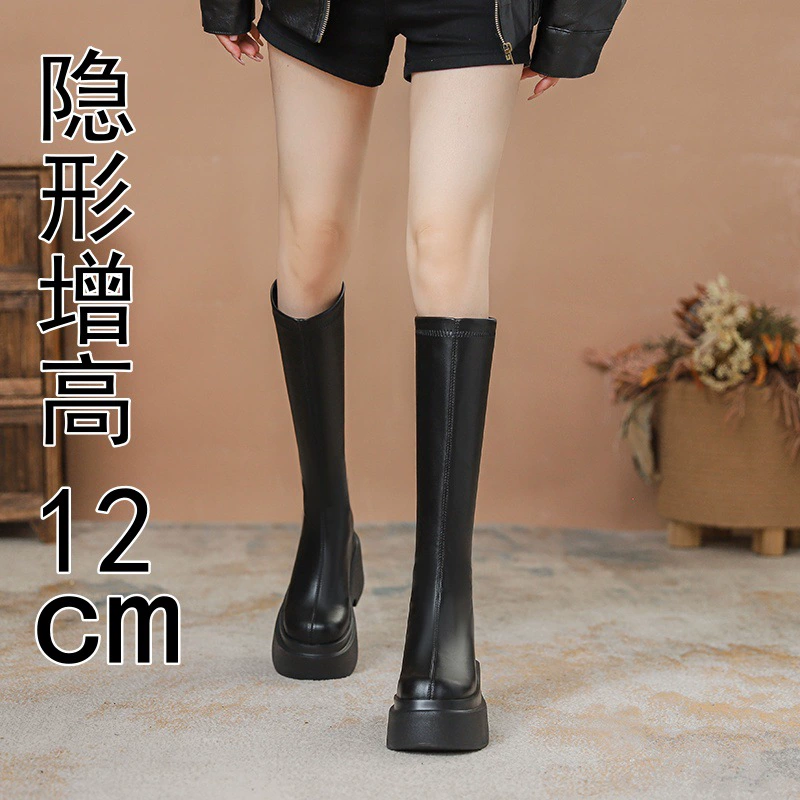 Ботинки на массивном каблуке 2025 года, новая модель, женские, с толстой подошвой и скрытым увеличением роста на 12 см, с круглым носком, высокие сапоги для верховой езды, длинные сапоги.