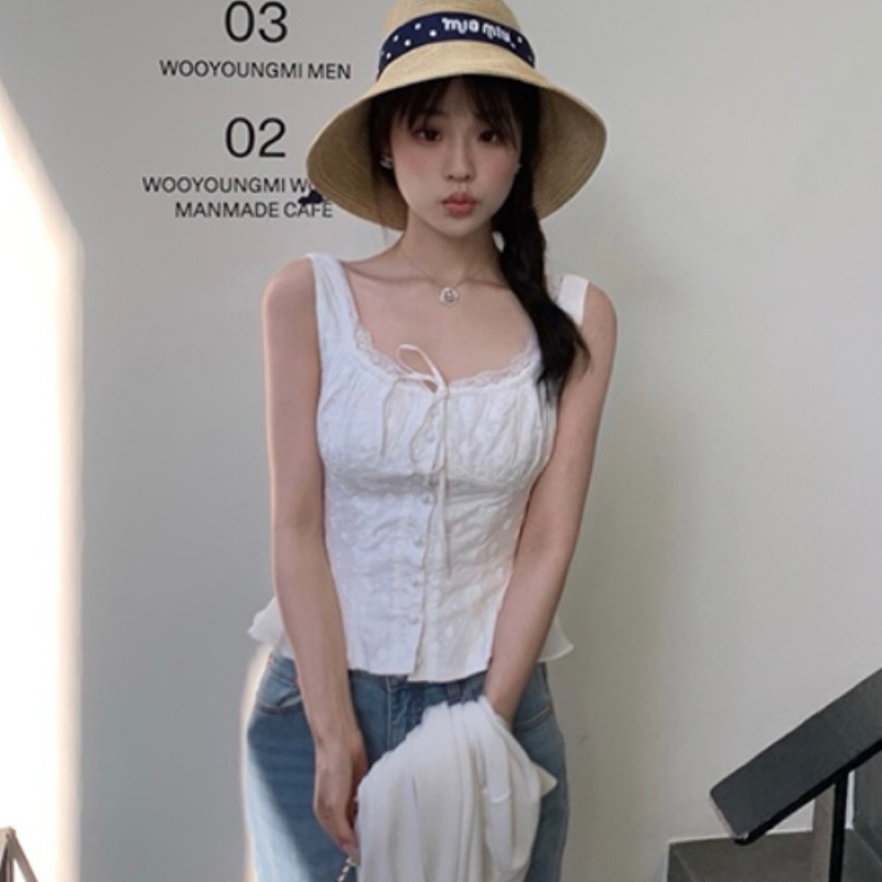 清纯小白花 蕾丝收腰无袖上衣显瘦花边纯欲风甜妹背心女|undefined