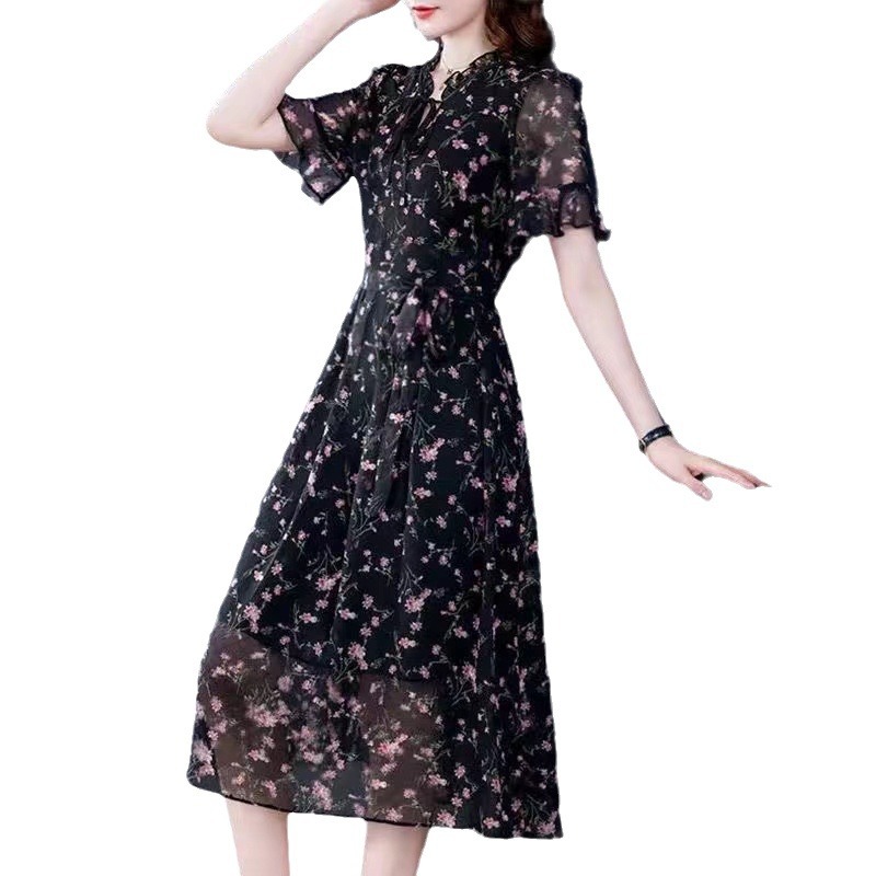Chiffon Shirt Women's Long-Sleeved 2025 Spring New Floral Dress Women's Large Size Fat mm Age-Reducing Bottoming Long Skirt
