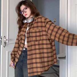 复古设计慵懒宽松格子衬衫上衣美式2025新款长袖休闲衬衣外套潮