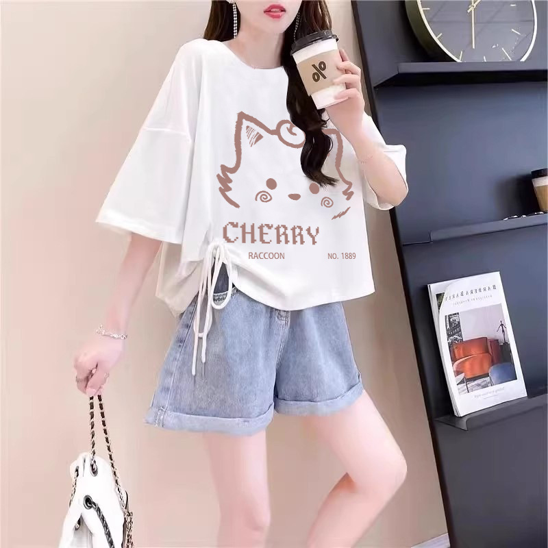 2024 Summer Super Fire Drawstring Short-sleeved T-shirt Women's Design Sense Top