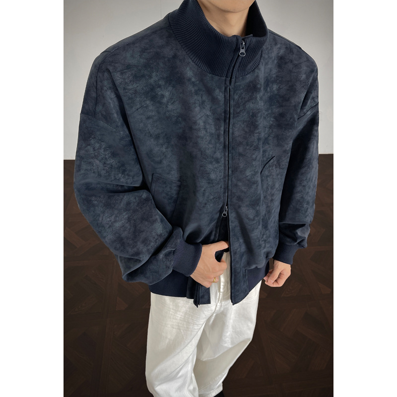 Giacca da baseball da lavoro con colletto alto, stile retrò americano, in pelle PU grigia tie-dye per uomo_voghion.com