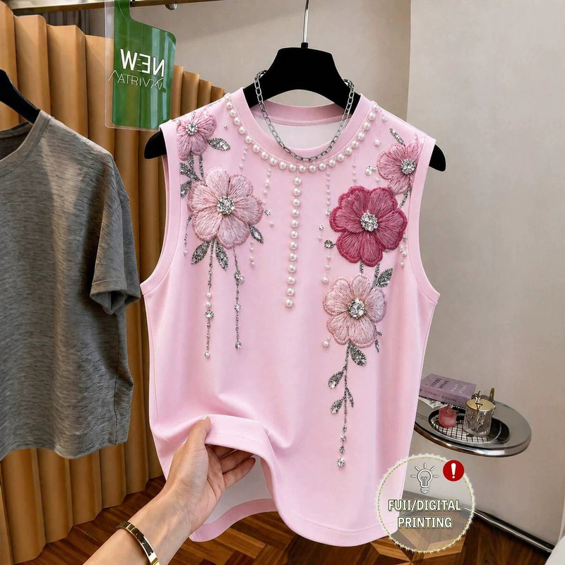 Cross-Border Exclusive Supply for European and American Foreign Trade, Summer Elegant Faux Beaded Floral Print Casual Sleeveless T-Shirt Top Vest for Women