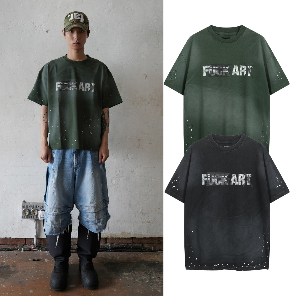 ARCHIVO FAR FA letras pintadas a mano con tinta lavada para hacer viejas camisetas de manga corta de alta marca americana para hombres