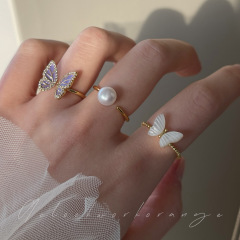 高級感紫金蝴蝶戒指女精緻輕奢優雅仿珍珠S925銀開口指環食指戒潮