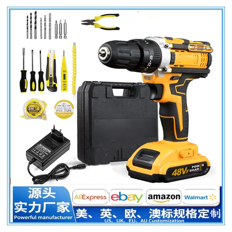 48V无绳电钻跨境款充电式锂电钻三功能冲击钻家用电动螺丝刀批发