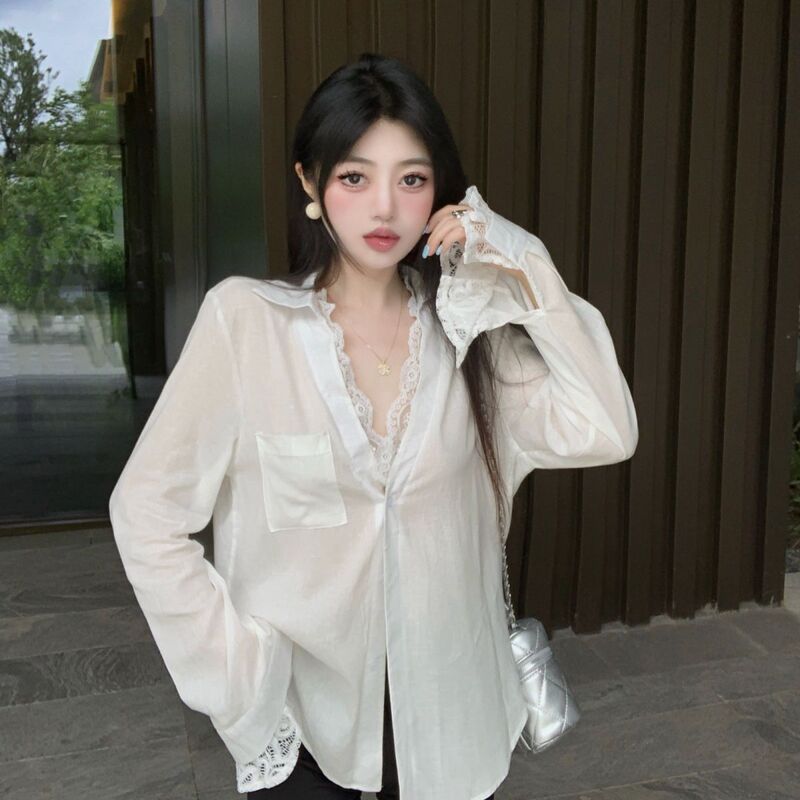 2024 Simple Style High-grade White Fake Two-piece Lace Stitching Suit Long-sleeved Loose Shirt Top Women's Autumn 2024 Simple Style High-grade White Fake Two-piece Lace Stitching Suit Long-sleeved Loose Shirt Top Women's Autumn