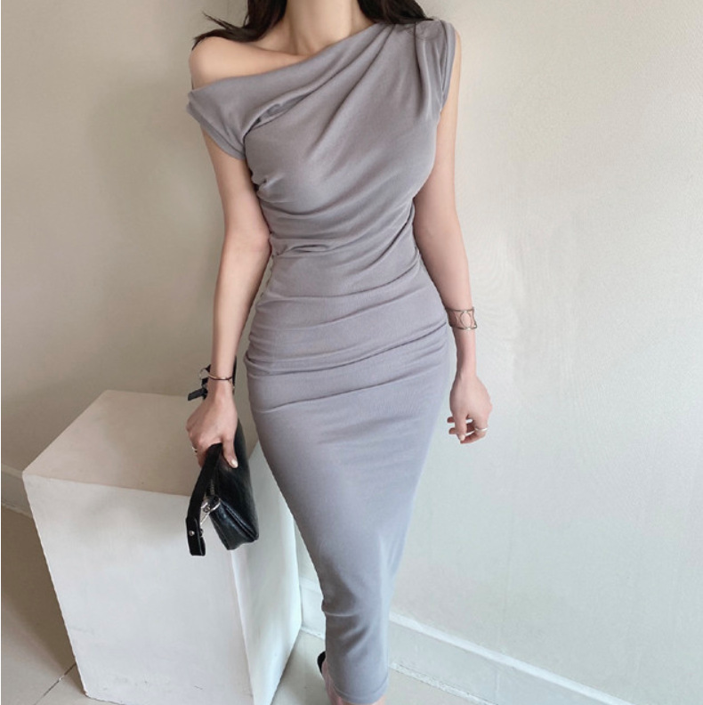 Summer New Korean Style Pleated Slimming Look Light Dress Hip-Covering Waist Slim Back Comfortable Heart Mid-Length Skirt Bottoming Dress