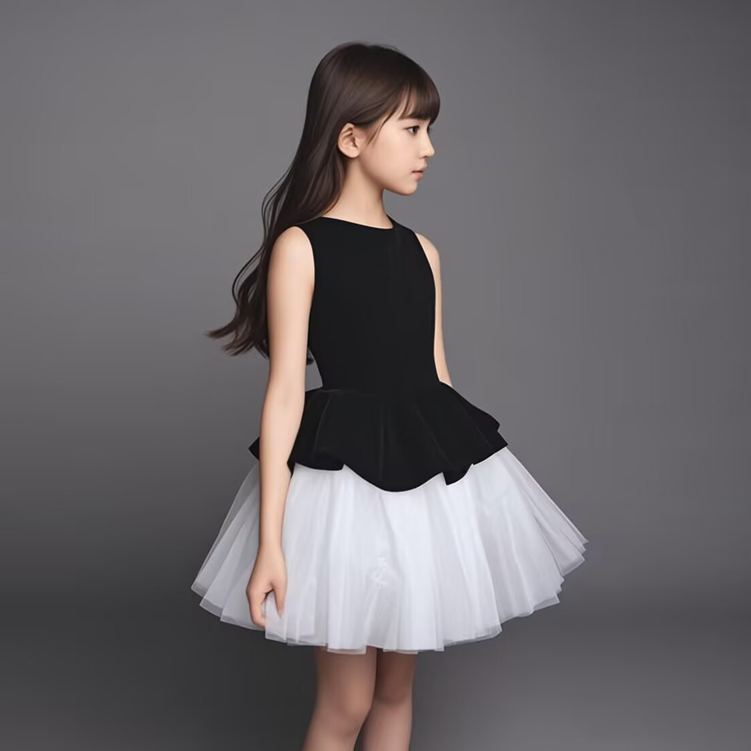 ​​Elegant Black & White Sleeveless Dress For Girls - Princess-Style Party Gown For Birthday, Violin Recital, And Host Events​​_voghion.com