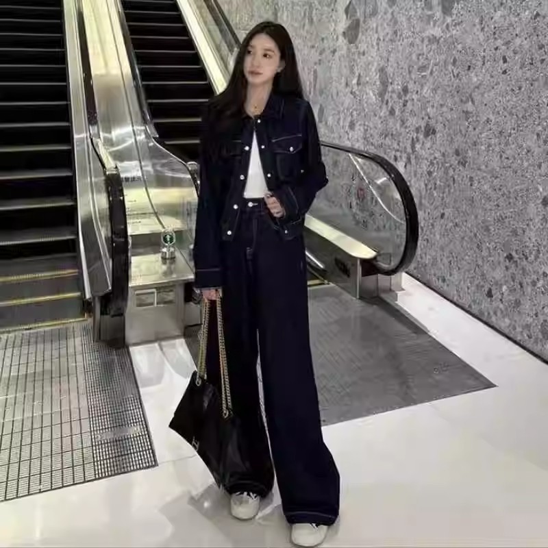 港风复古牛仔套装女2025春季新款时尚洋气短外套阔腿裤气质两件套|undefined