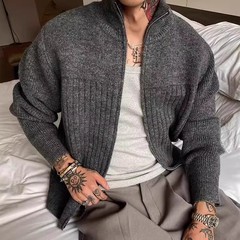 工厂跨境「老钱风 纹理坑条」轻奢高级开衫毛衣男拉链针织衫上衣
