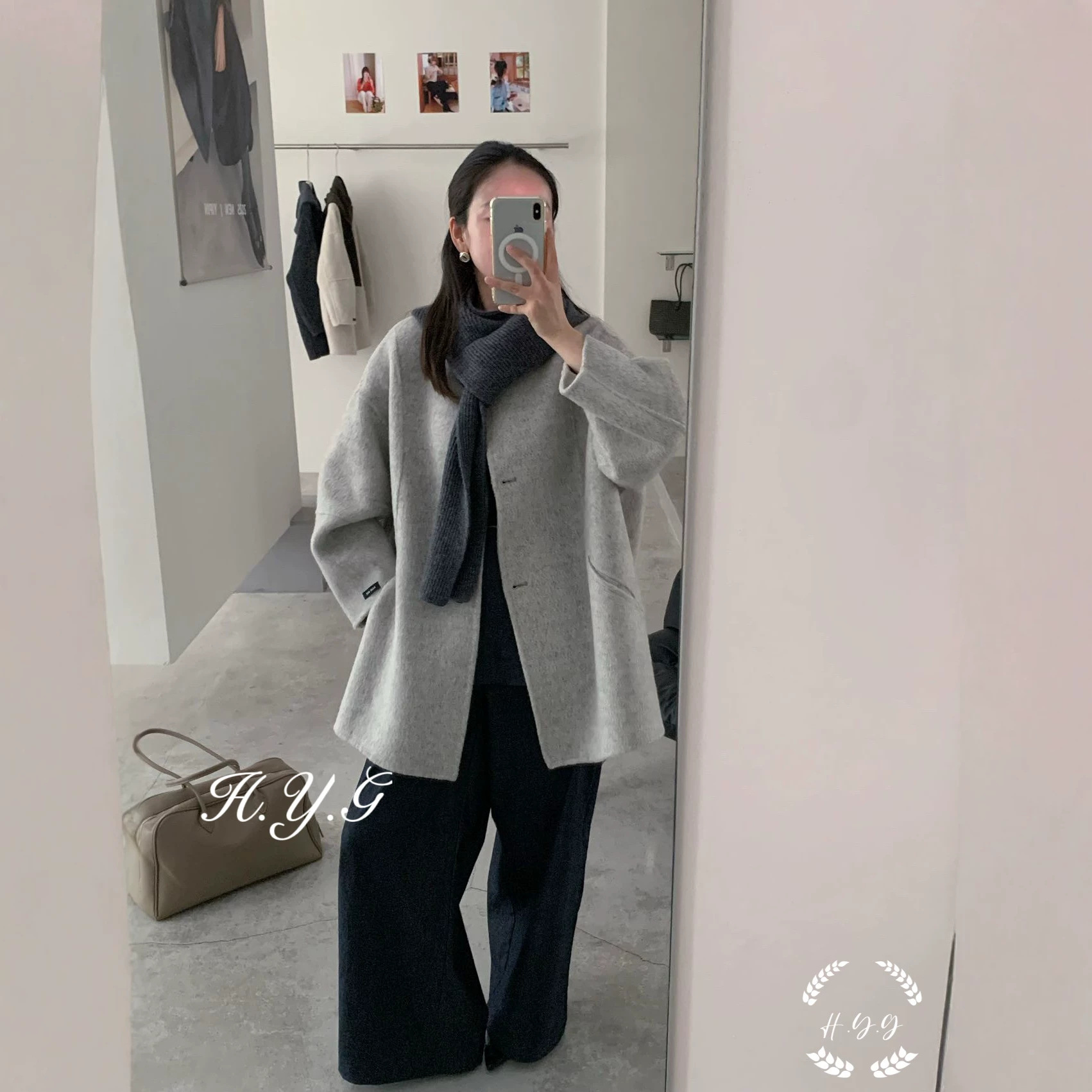 [레인보우] 모자가 달린 여성용 신작 라운드 넥 루즈 캐주얼 중간 길이 한국 양면 울 코트