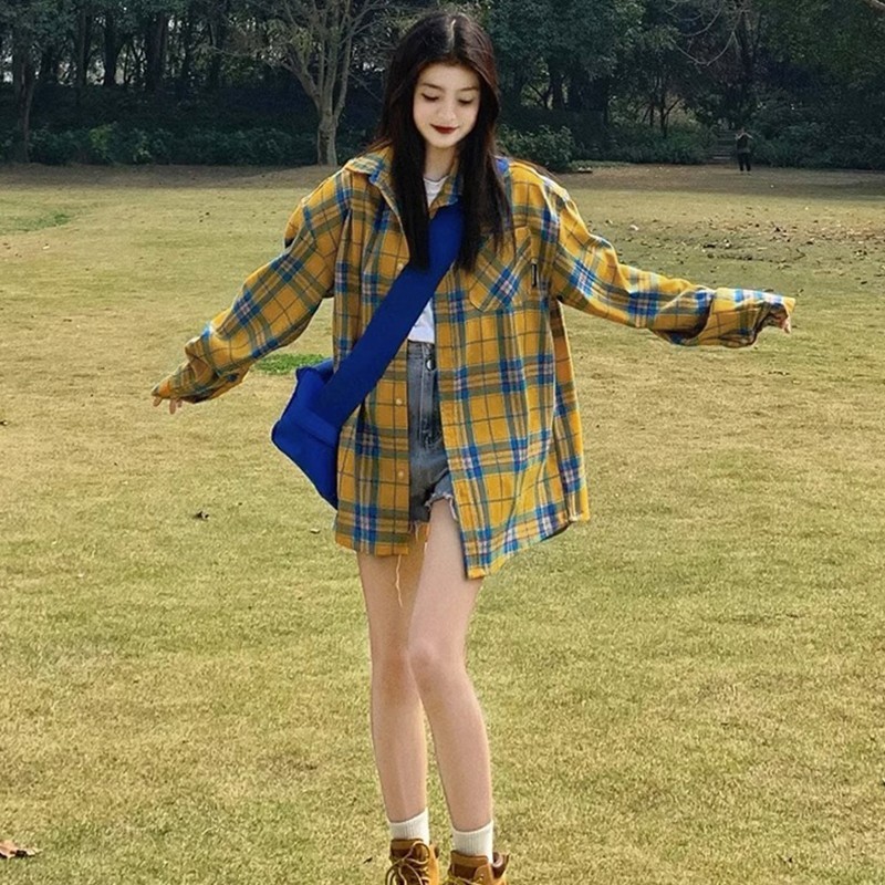 法式黄色格子衬衫衬衣外套女春秋季2025年新款宽松小个子长袖上衣|undefined