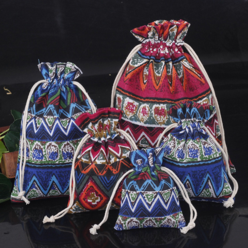 复古中国民族风红色条纹麻布束口抽绳香包袋首饰珠宝礼品包装袋