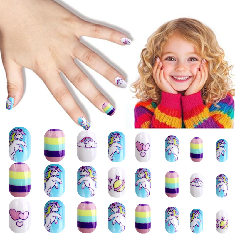 Children's Nail Art Set, 24 Pieces, Blue Unicorn, Rainbow, Heart, Planet, Short Square and Round Nails for Little Girls Children's Nail Art Set, 24 Pieces, Blue Unicorn, Rainbow, Heart, Planet, Short Square and Round Nails for Little Girls