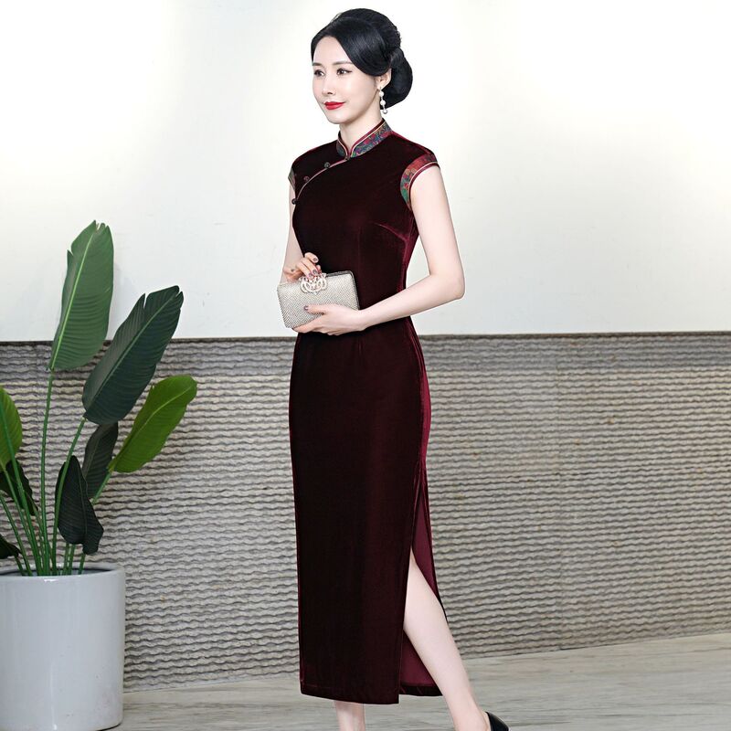 2023 Summer new improved velvet cheongsam long sleeveless stitching Xiangyun yarn factory direct wholesale retro women 2023 Summer new improved velvet cheongsam long sleeveless stitching Xiangyun yarn factory direct wholesale retro women