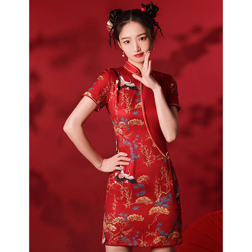 Modified Retro Printed Chinese Dresses Qipao Side slit Asian Theme Party Cosplay Dresses for women girls  red cheongsam toast with suit young 
