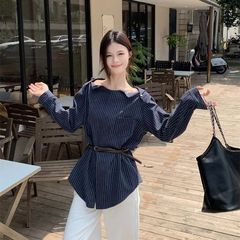 早秋韩版条纹正肩开叉长袖衬衫秋季2025新款设计感时尚气质小众上