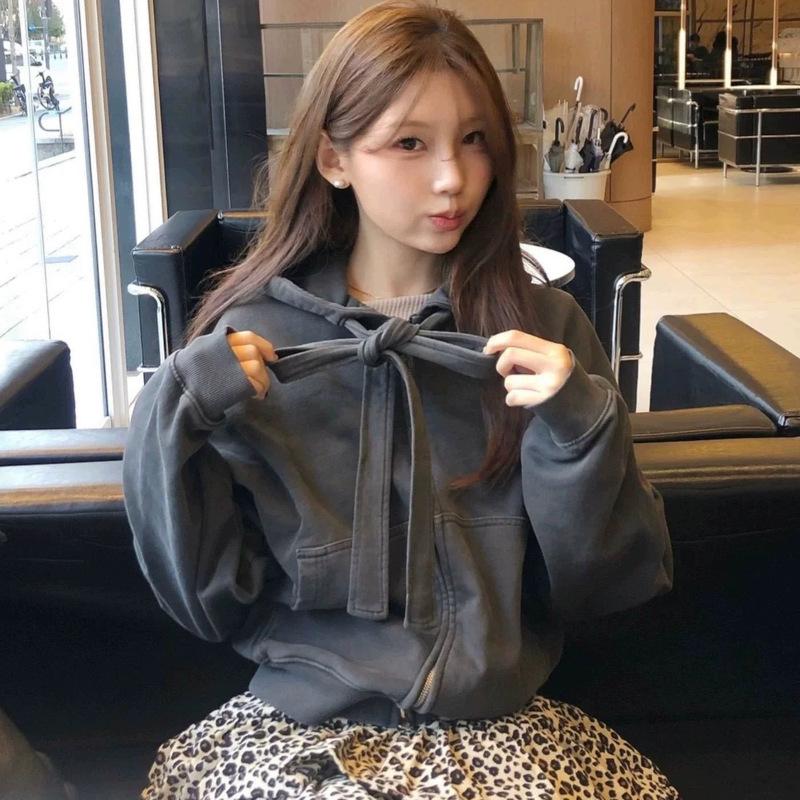 In-Stock 26 New Styles Blogger-Approved Korean Designer Dongdaemun Casual Loose Zipper Sweatshirt Bowknot Jacket