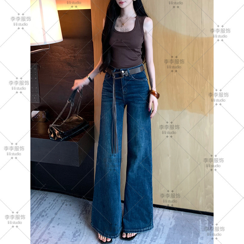 百搭复古不贴腿微喇牛仔裤女2025早秋新款高腰宽松弹力显瘦拖地裤|undefined