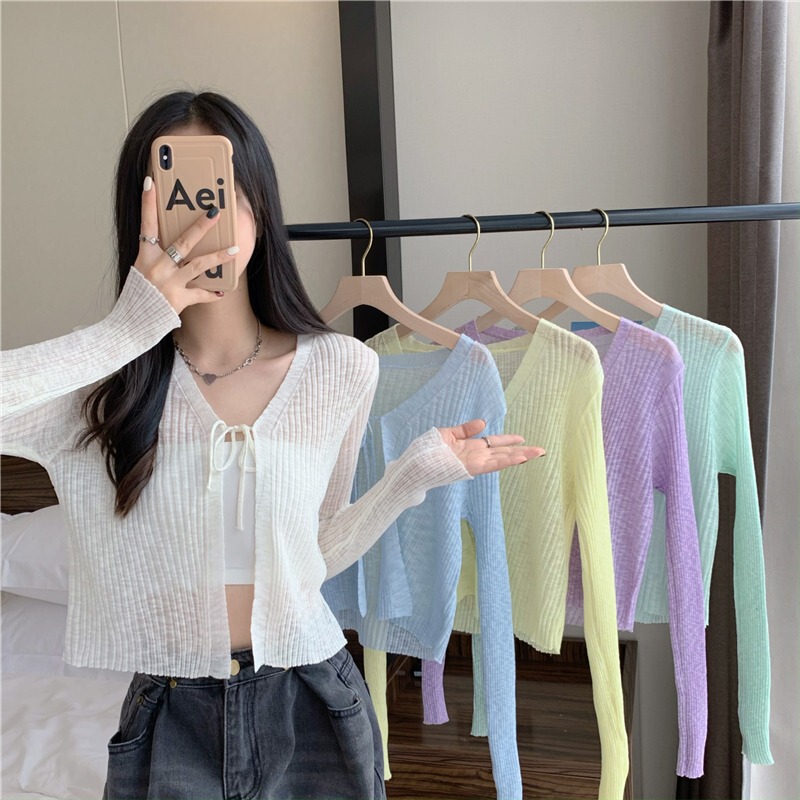 Lace-Up Knitted Cardigan Women's Summer Thin Outer Blouse Ice Silk Air-Conditioning Shirt Unique Design Top