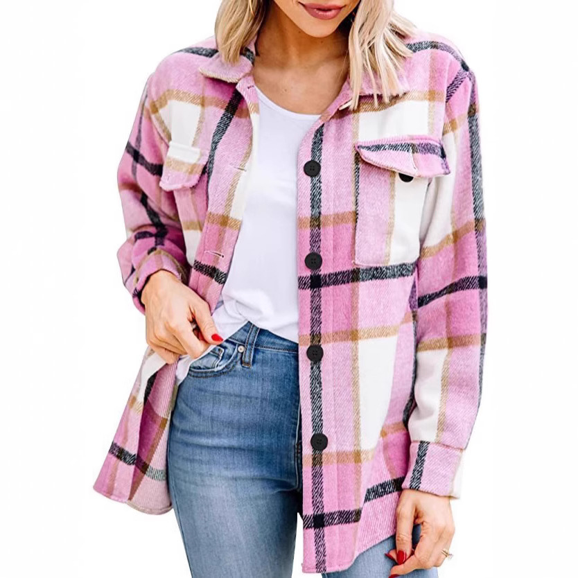 Women's Clothing Plaid Shirt American Style Long Sleeved Collared Loose Fit Mid Length Coat For Autumn Winter_ecoleips.com