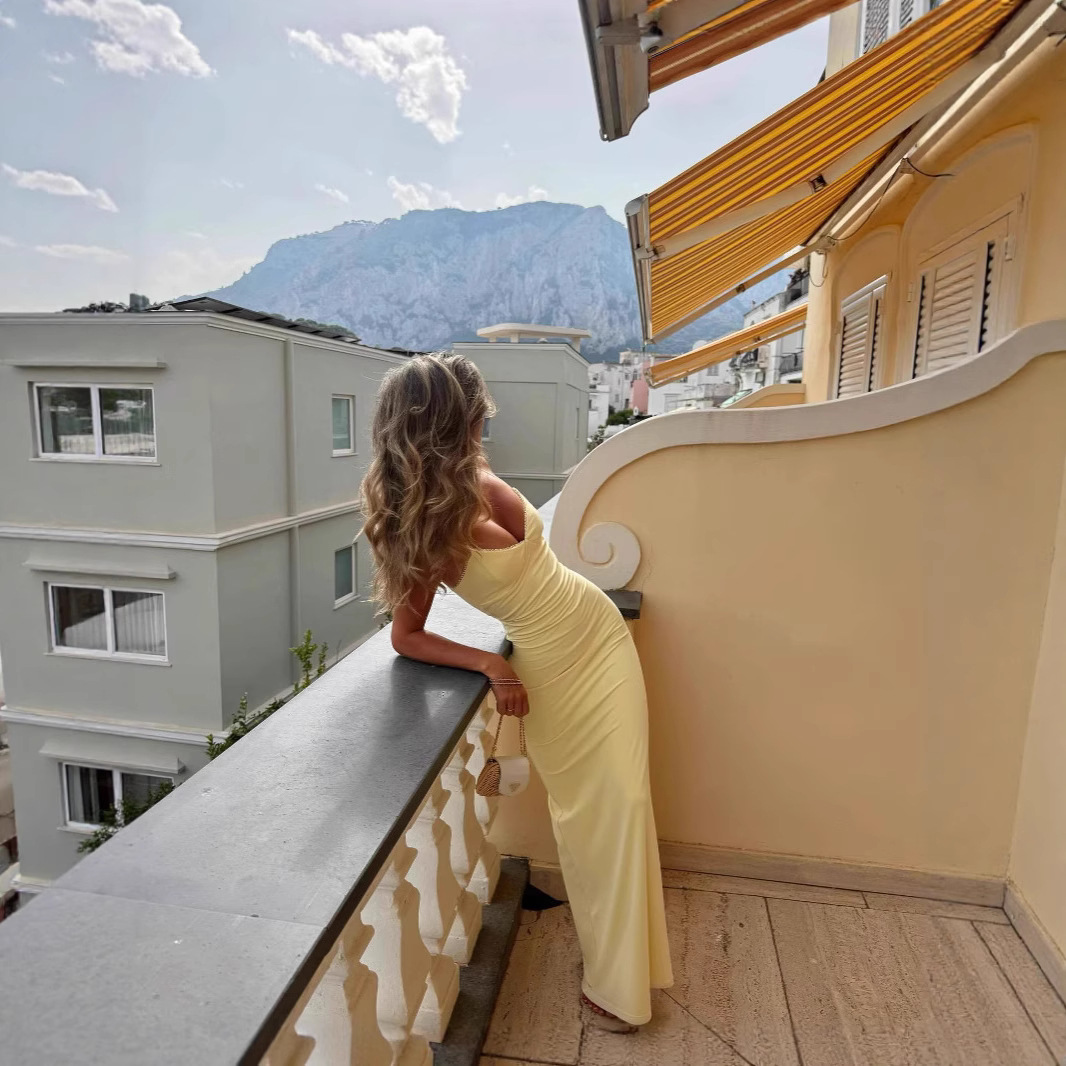 Cross-Border Export 2025 European and American Women's Clothing Yellow Summer New Sexy Pure Color Dress Women's Beach Long Dress