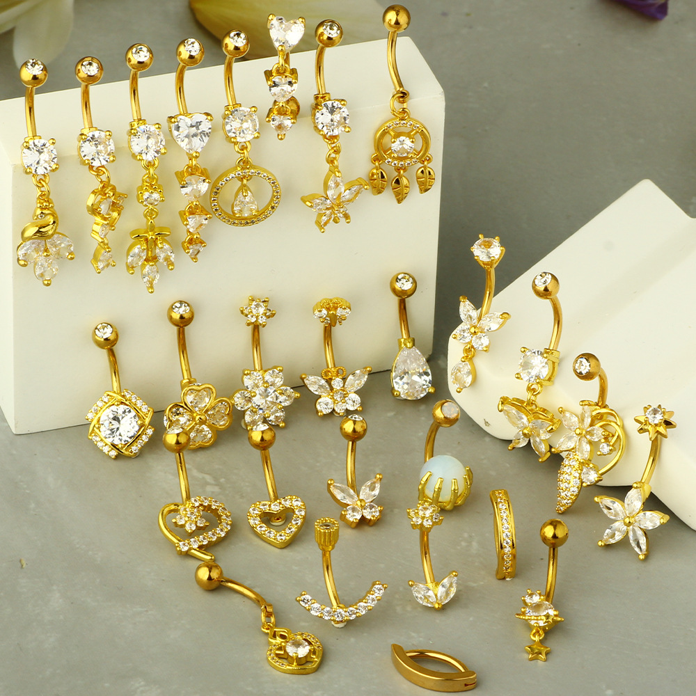 Moon Pattern Women's Gender 1 Piece 316L Stainless Steel Zircon Belly Rings Moon Waterproof Non Tarnish Surgical Steel