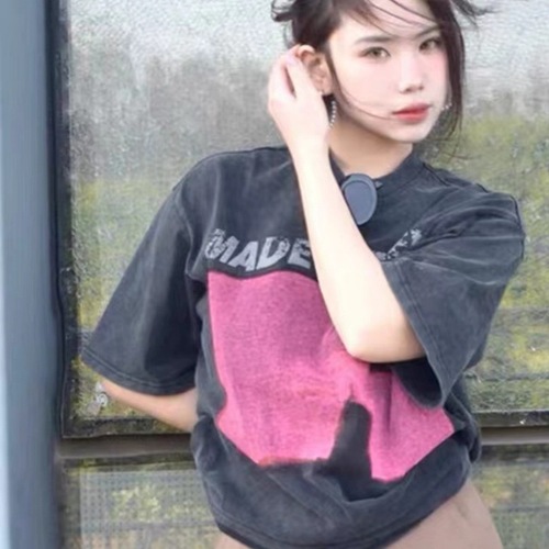 American retro couple's wash water short-sleeved T-shirt for women in summer loose street washing old niche loose top